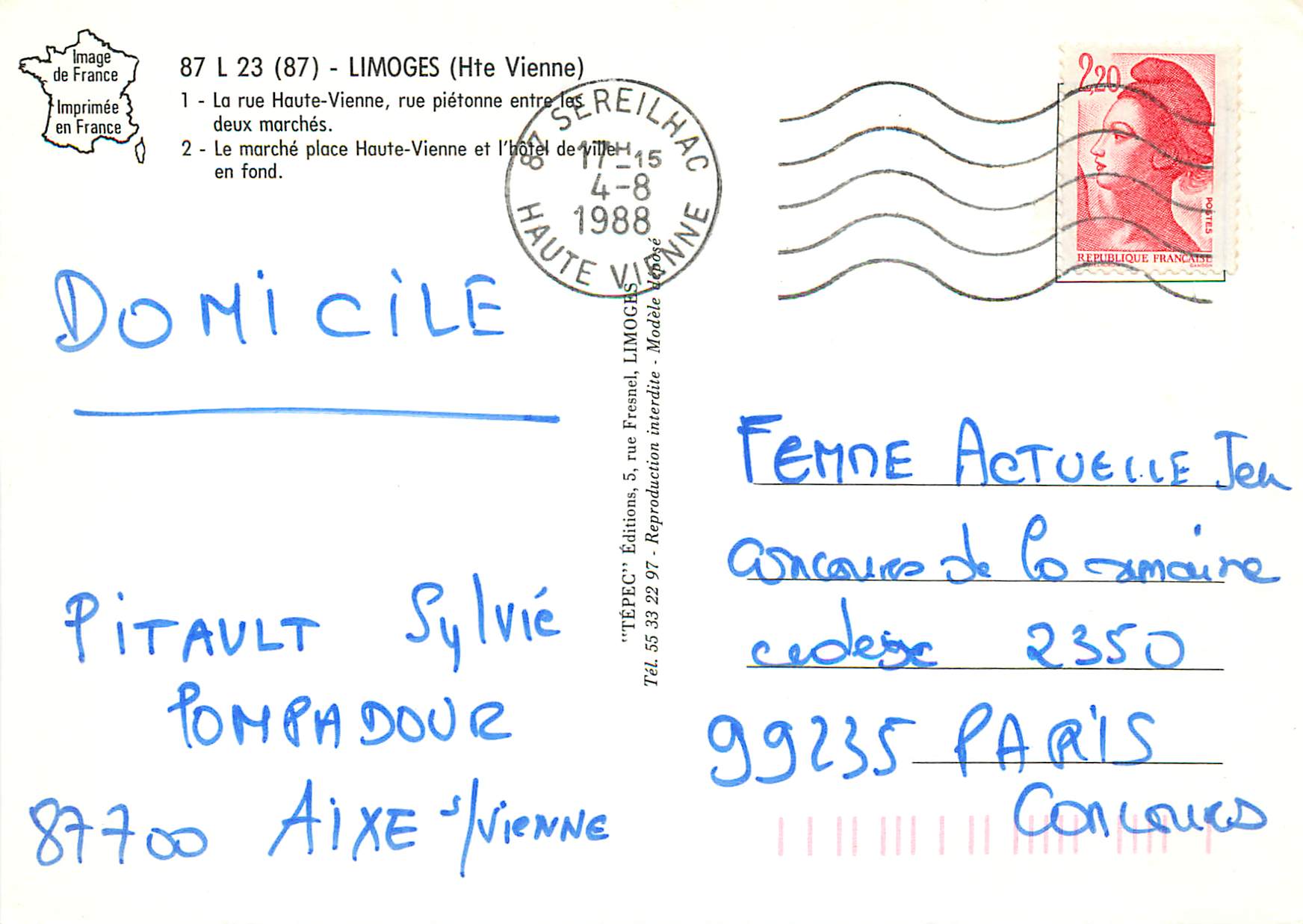 Limoges "87" — La rue Haute-Vienne et la place Haute-Vienne — TEPEC Éditions — Rückseite