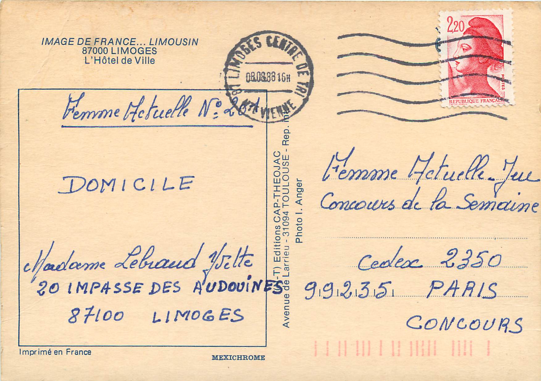 Hôtel de Ville de Limoges — Image de France N°264 — Éditions CAP-THÉOJAC — Rückseite