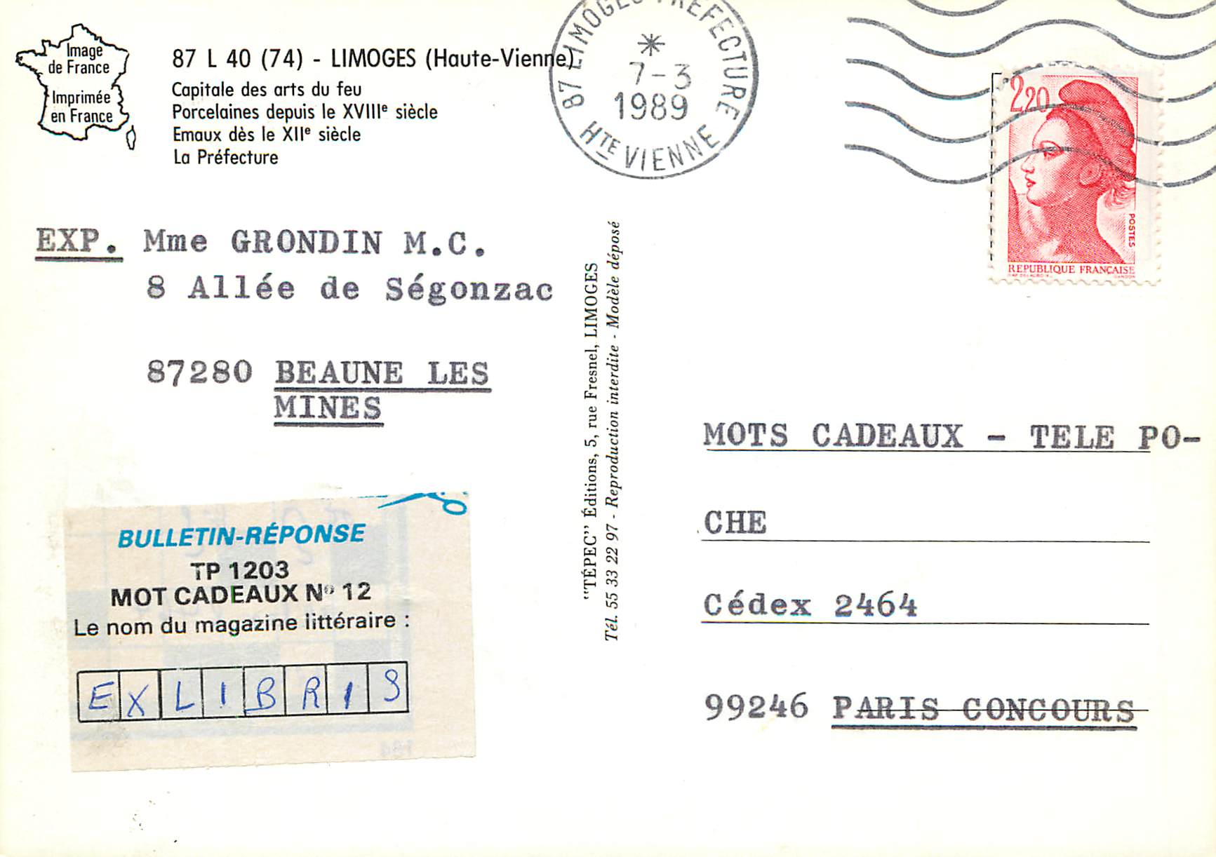 CPM Limoges Capitale des arts du feu Porcelaines depuis le xviii siecle Emaux des le xii siecle La Prefecture — Rückseite