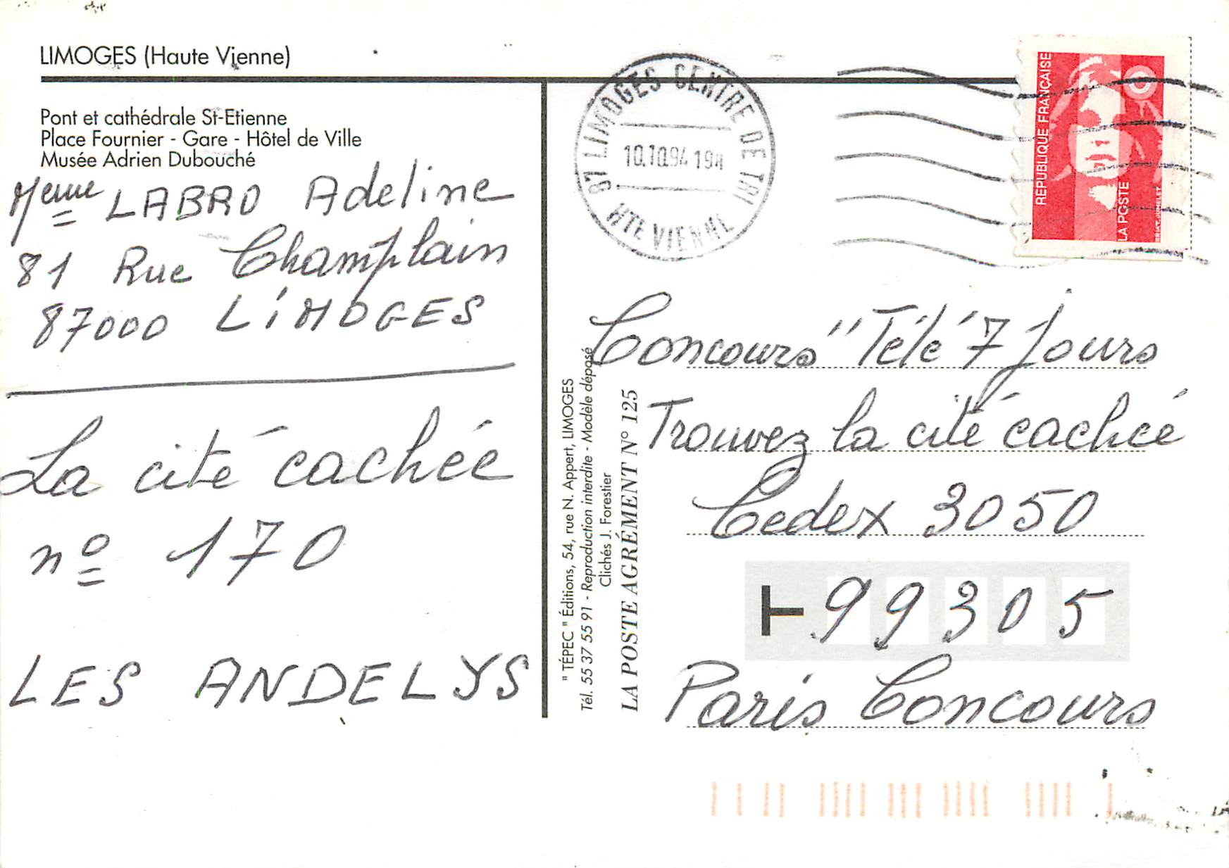 CPM Limoges Haute Vienne Pont et cathedrale St Etienne Place Fournier Gare Hotel de Ville Musee Adrien Dubouche — Rückseite