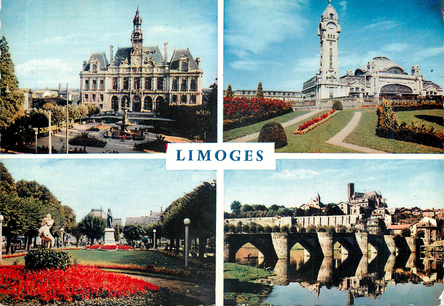 Limoges — Hôtel de Ville, Gare, Jardins Jourdan, Pont et Cathédrale Saint-Étienne — Éd. Modernes Mexichrome
