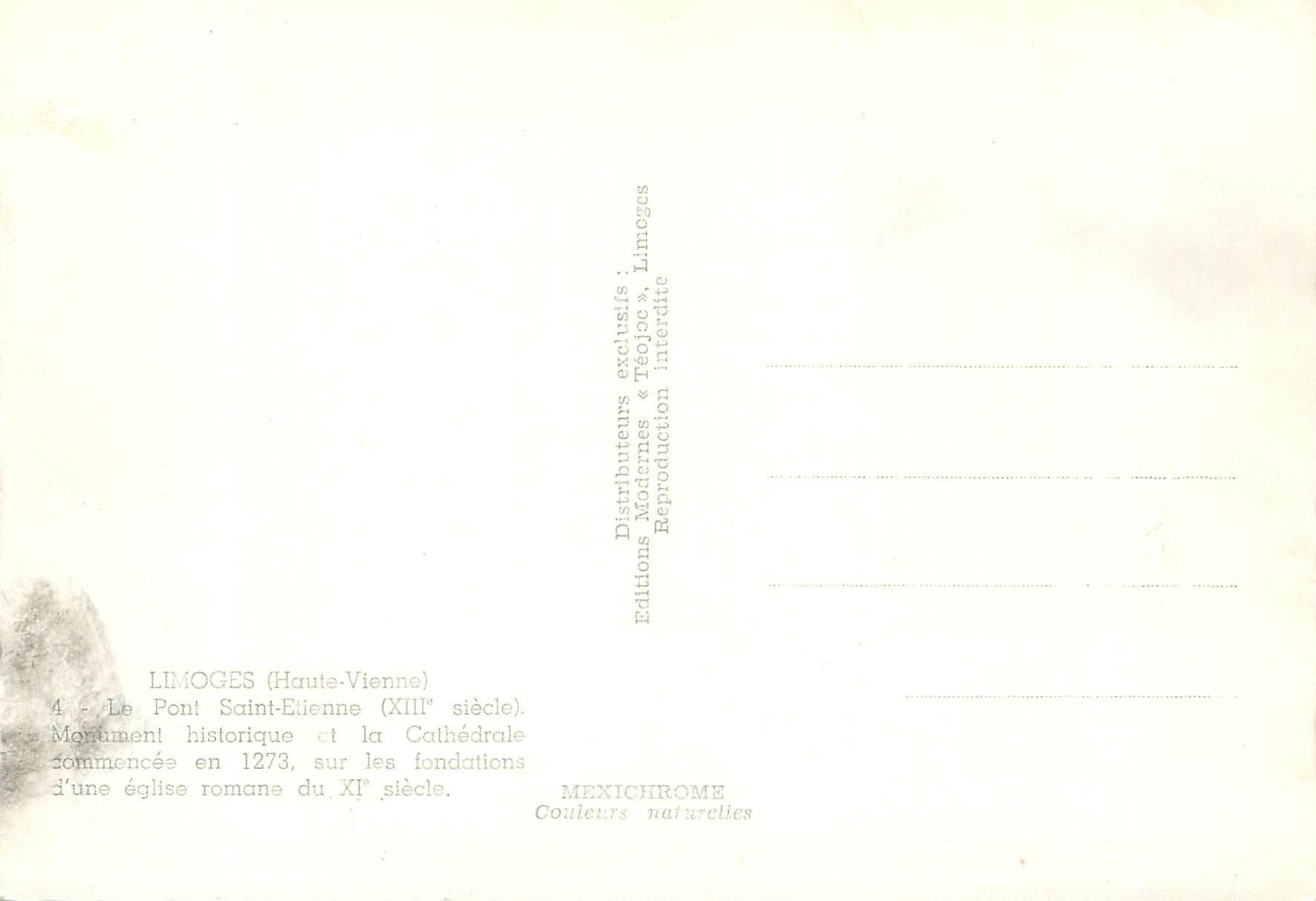 CPM Limoges Haute Vienne Le Pont Saint Etienne xiii siecle — Rückseite