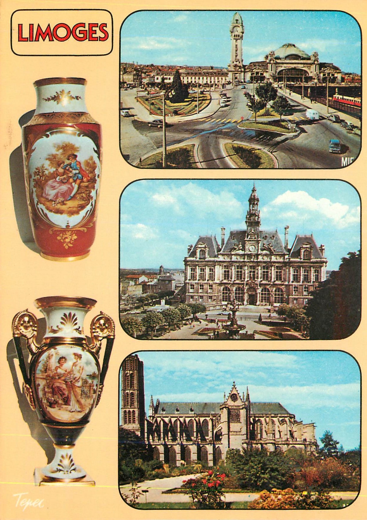 CPM Limoges Capitale de la Porcelaine La Gare l Hotel de Ville la Cathederale