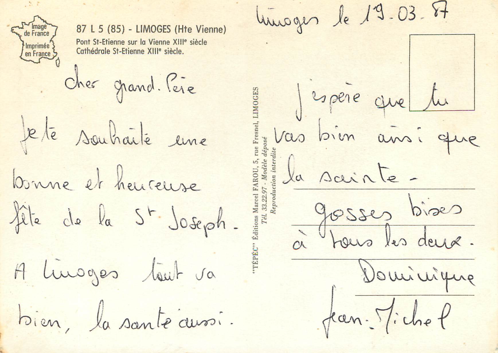 CPM Limoges Hte Vienne Pont St Etienne sur la Vienne xiii siecle Cathedrale St Etienne xiii siecle — Rückseite