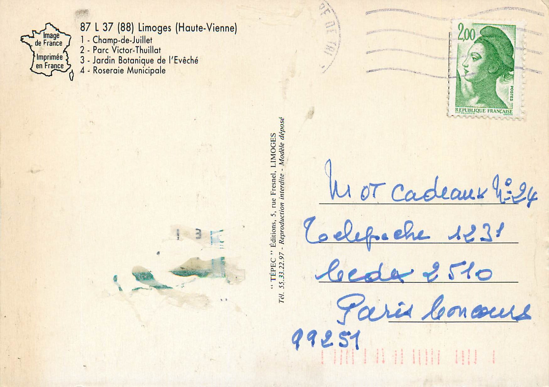 CPM Limoges Haute Vienne Limoges Parcs et Jardins — Rückseite