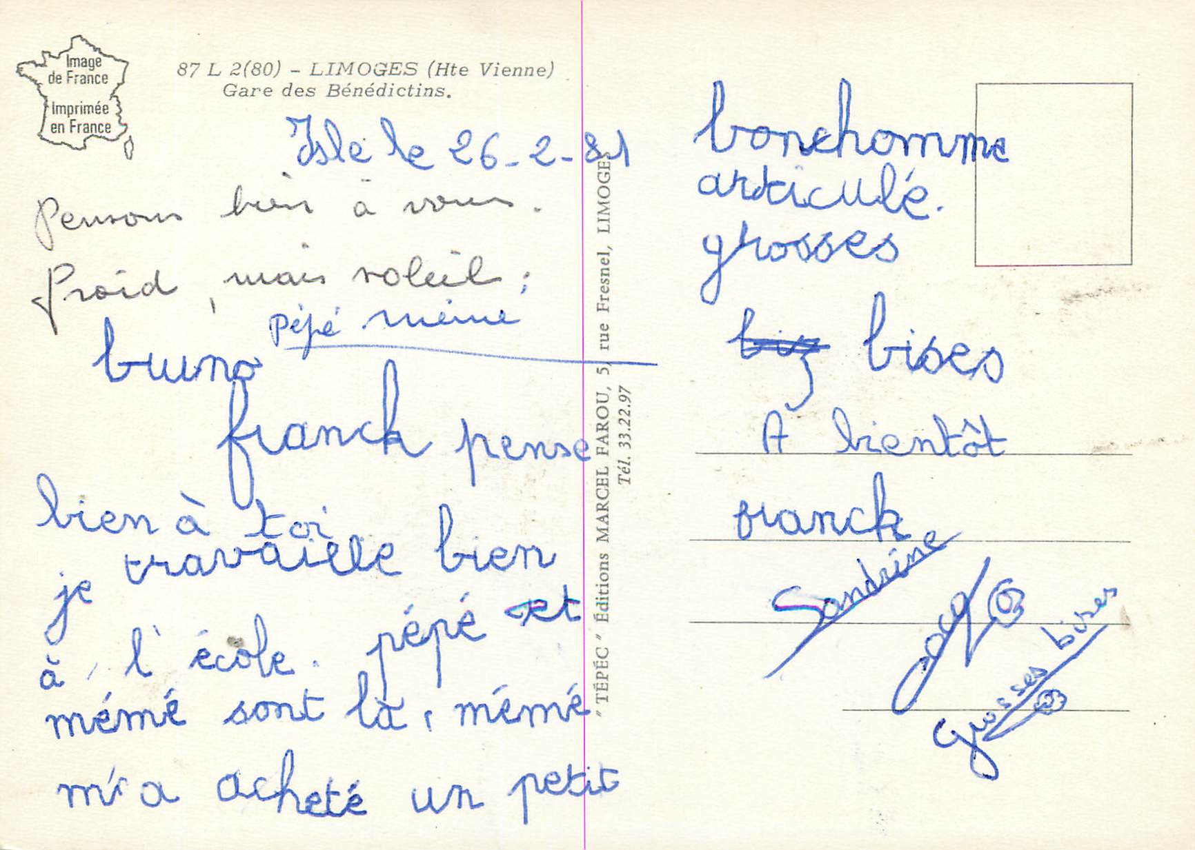 CPM Limoges Hte Vienne Gare des Benedictins — Rückseite
