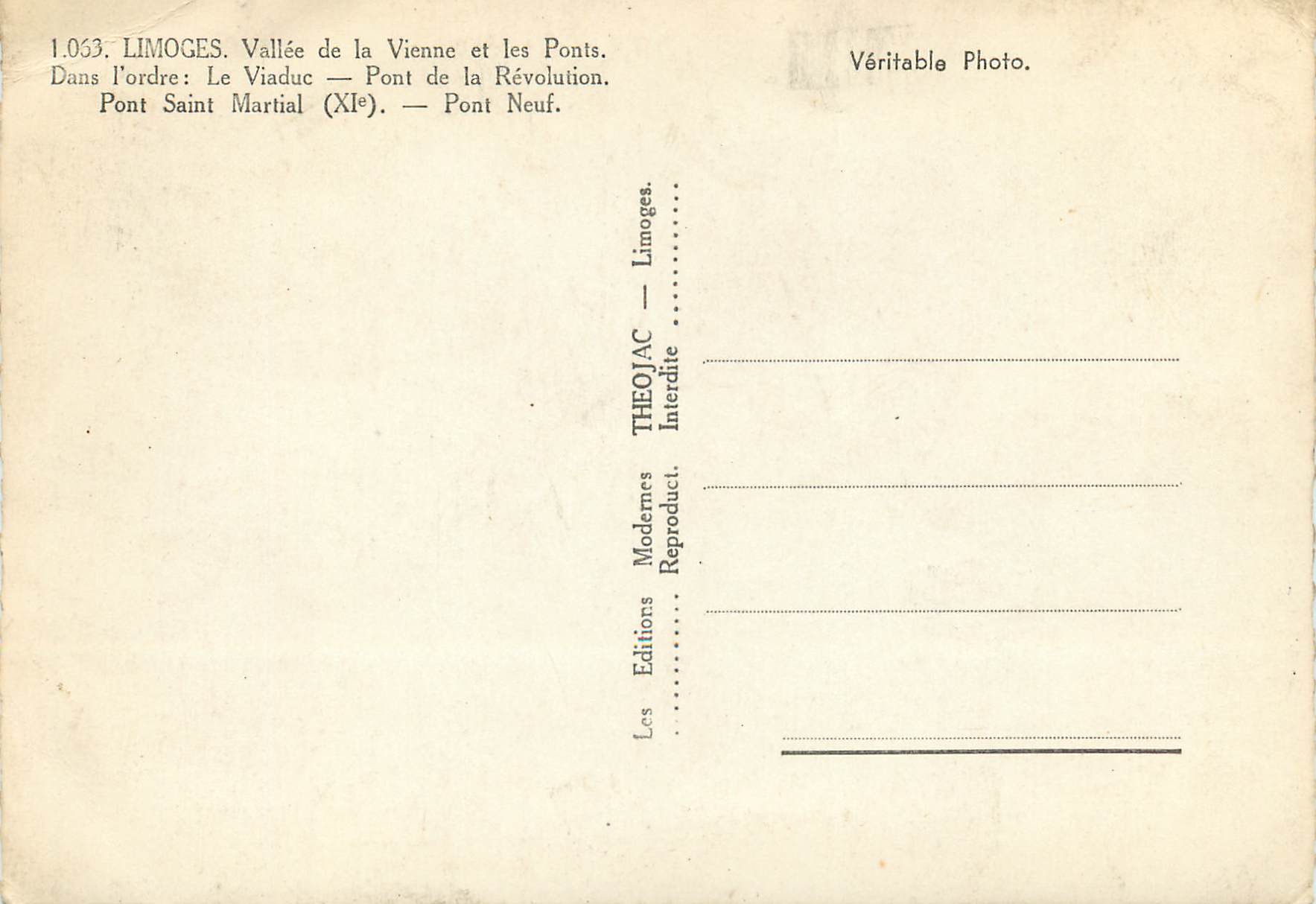 CPM Limoges Vallee de Vienne et les Ponts Dans l ordre Le Viadue Pont de la Revolution Pont Saint Martial Pont Neuf — Rückseite