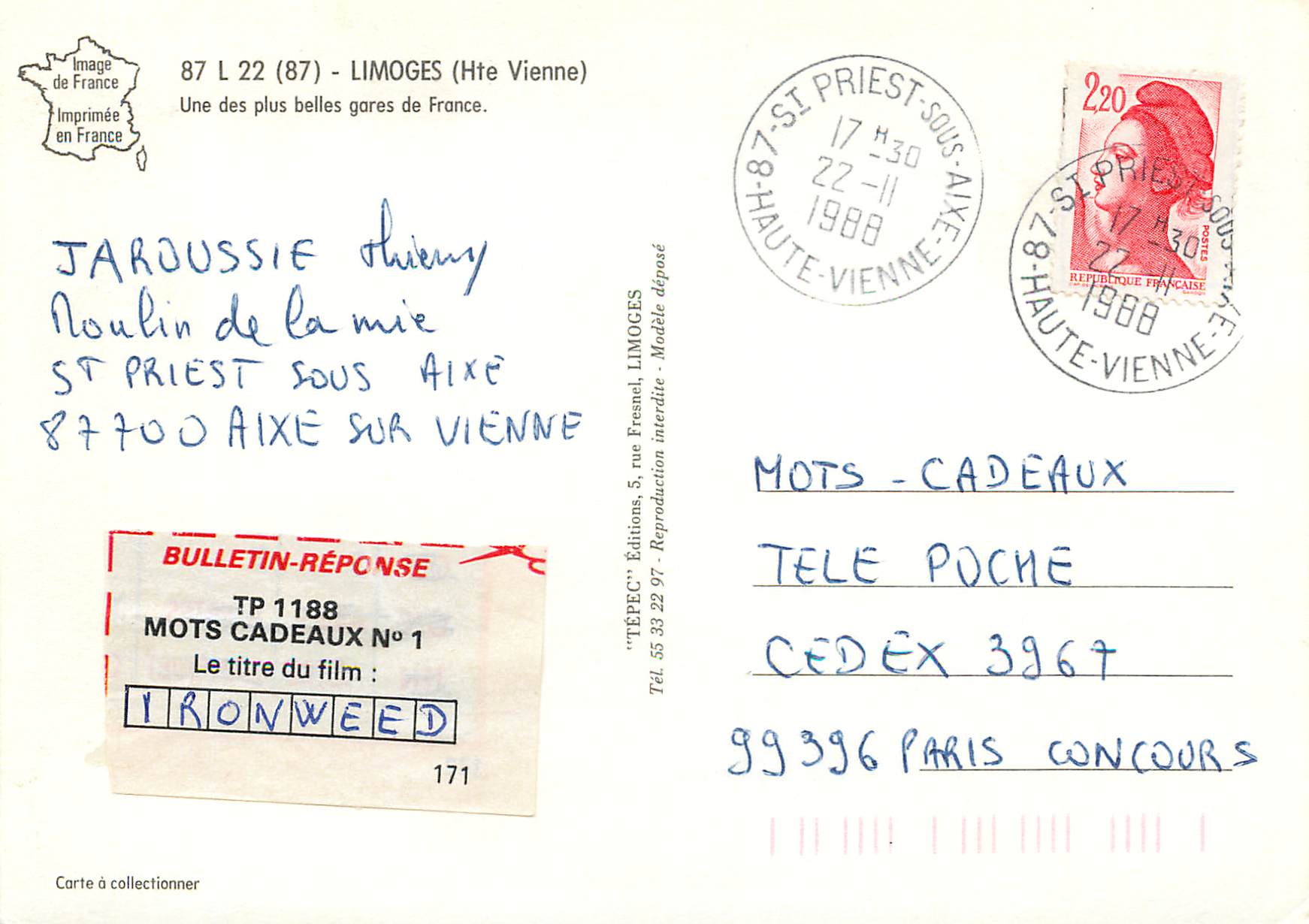 Limoges, Gare des Bénédictins — Teppec, éditeur — Verso