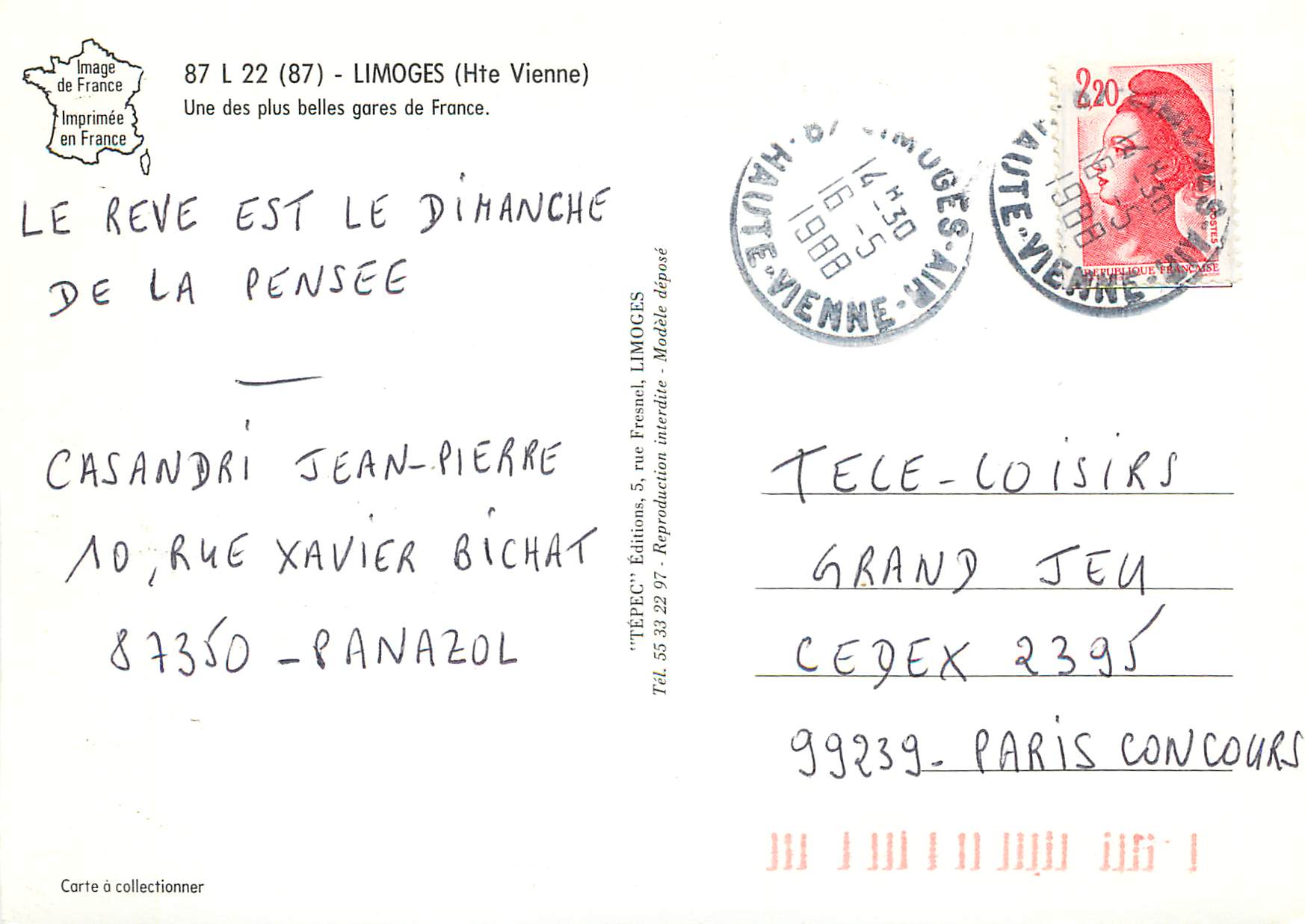 CPM Limoges Hte Vienne Une des plus belles gares de France Limoges Gare des Benedictins — Rückseite