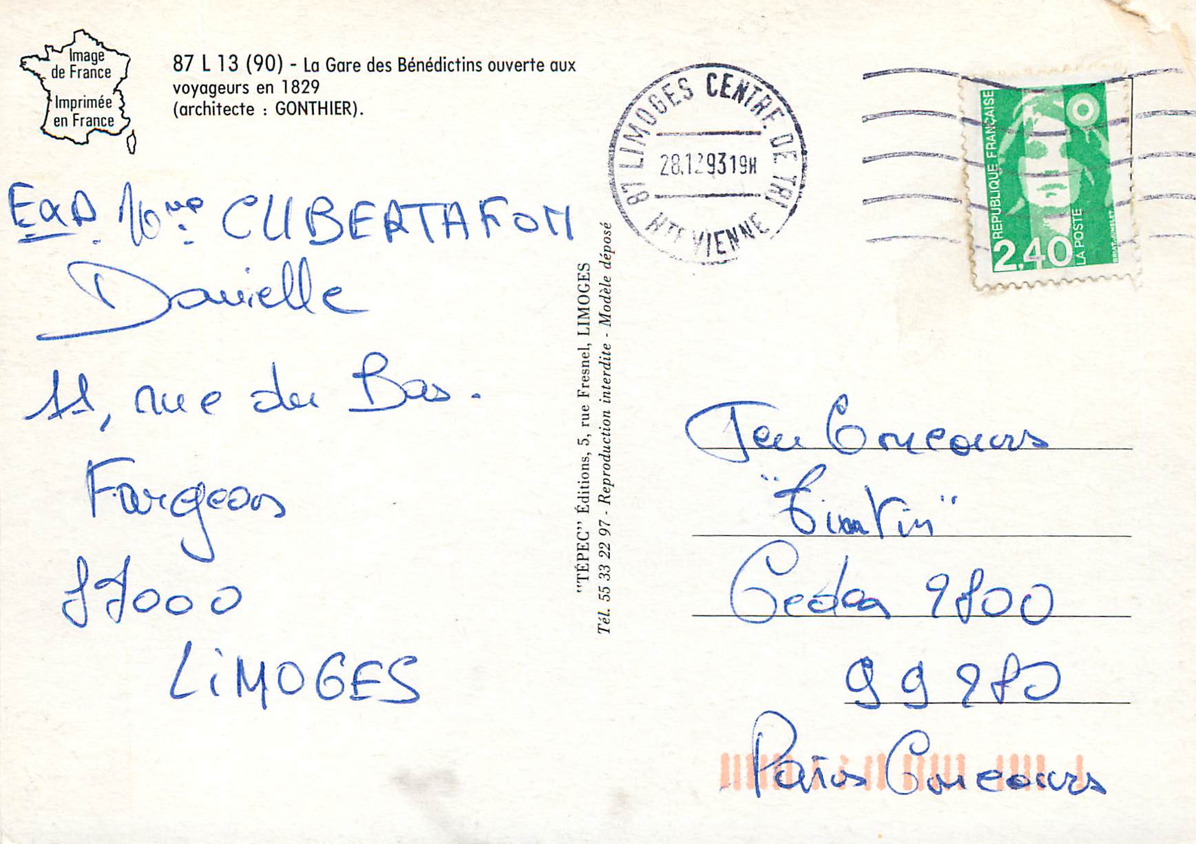 CPM Limoges La Gare des Benedictins ouverte aux voyageurs — Rückseite
