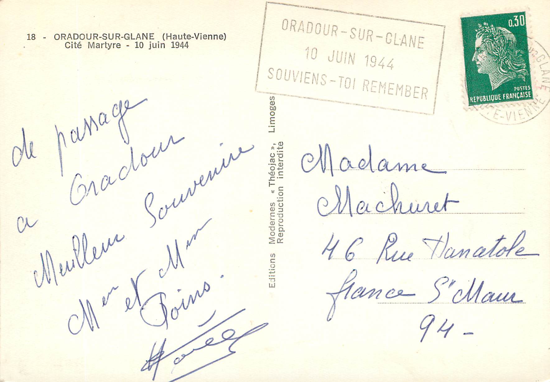 Oradour-sur-Glane — 10 juin 1944 — Éditions Modernes Limoges — Rückseite