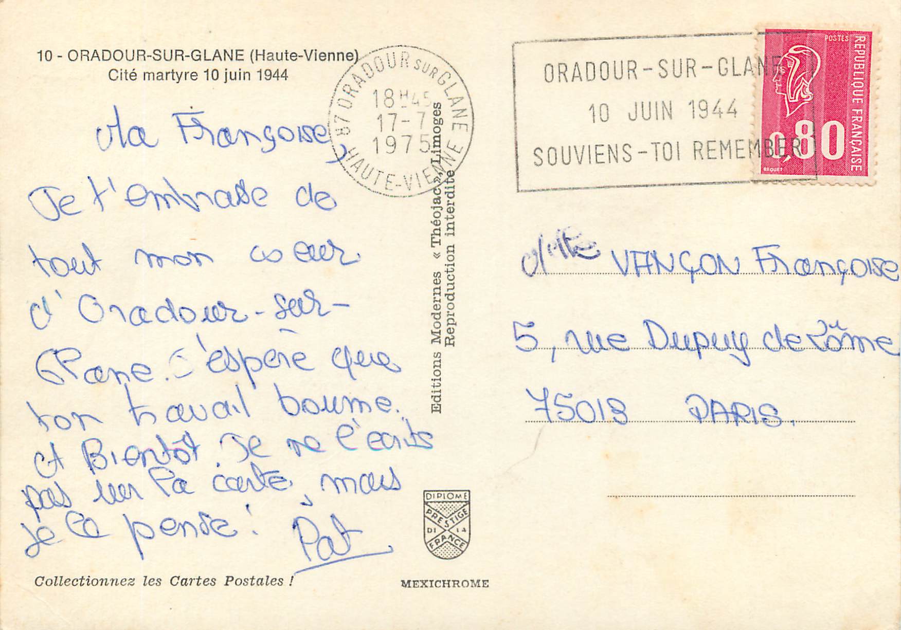 CPM Oradour sur Glane Haute Vienne Cite martyre 10 Juin 1944 Militaria — Back