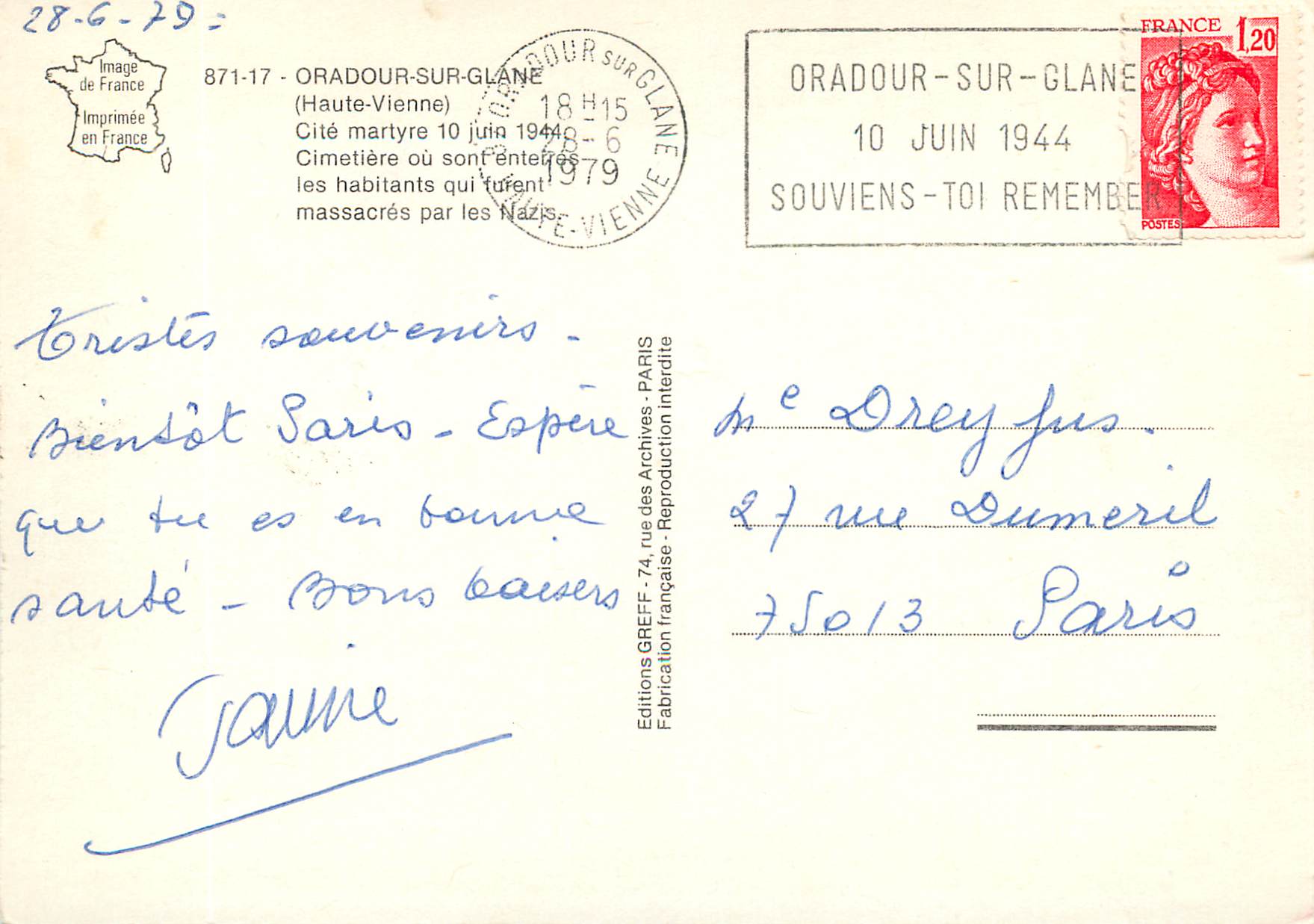 Oradour-sur-Glane — Cimetière des victimes de la tragédie du 10 juin 1944 — Éditions GREFF — Rückseite