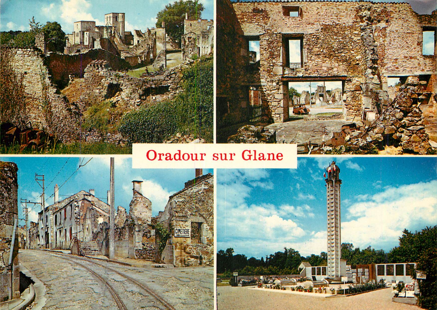 CPM Oradour sur Glane Haute Vienne Cite martyre 10 Juin 1944 L eglise Champ de foire et automobile du Dr Desourteau Gran