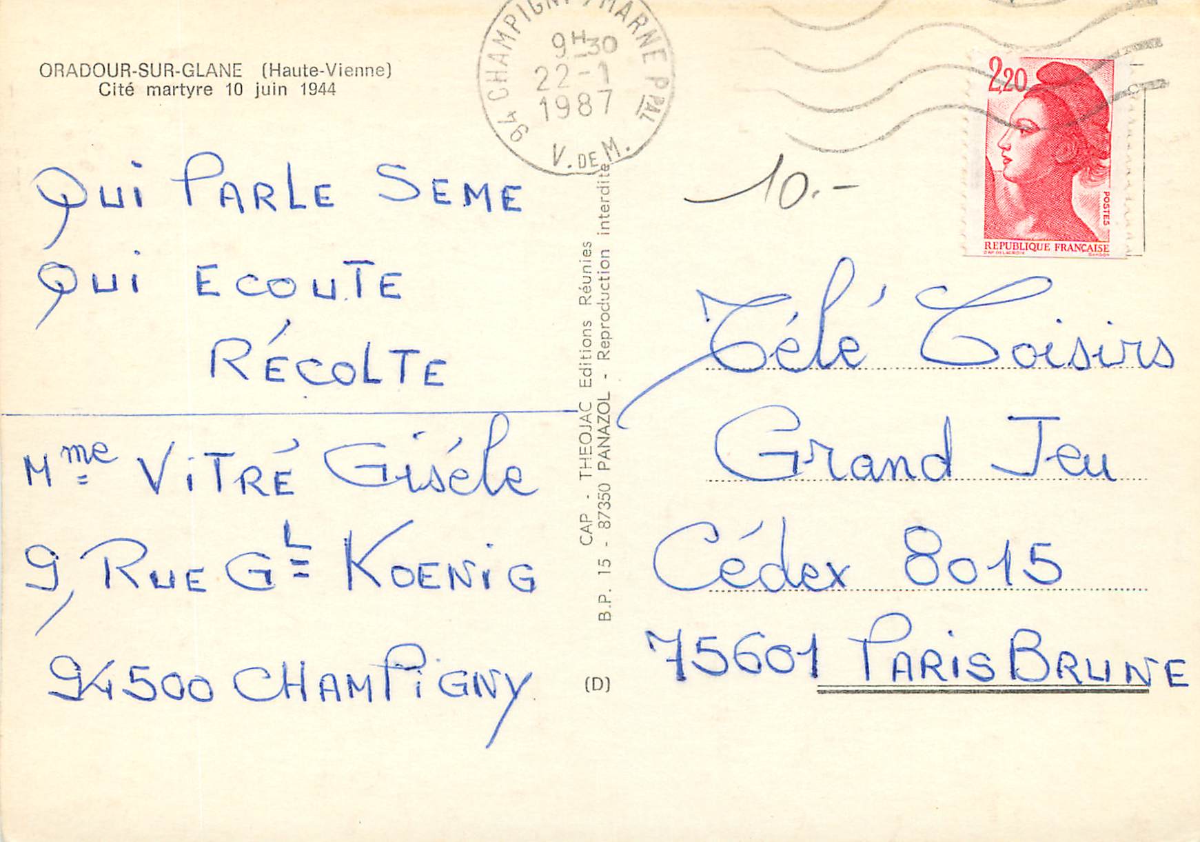 CPM Oradour sur Glane Haute Vienne Cite martyre 10 Juin 1944 Militaria — Back