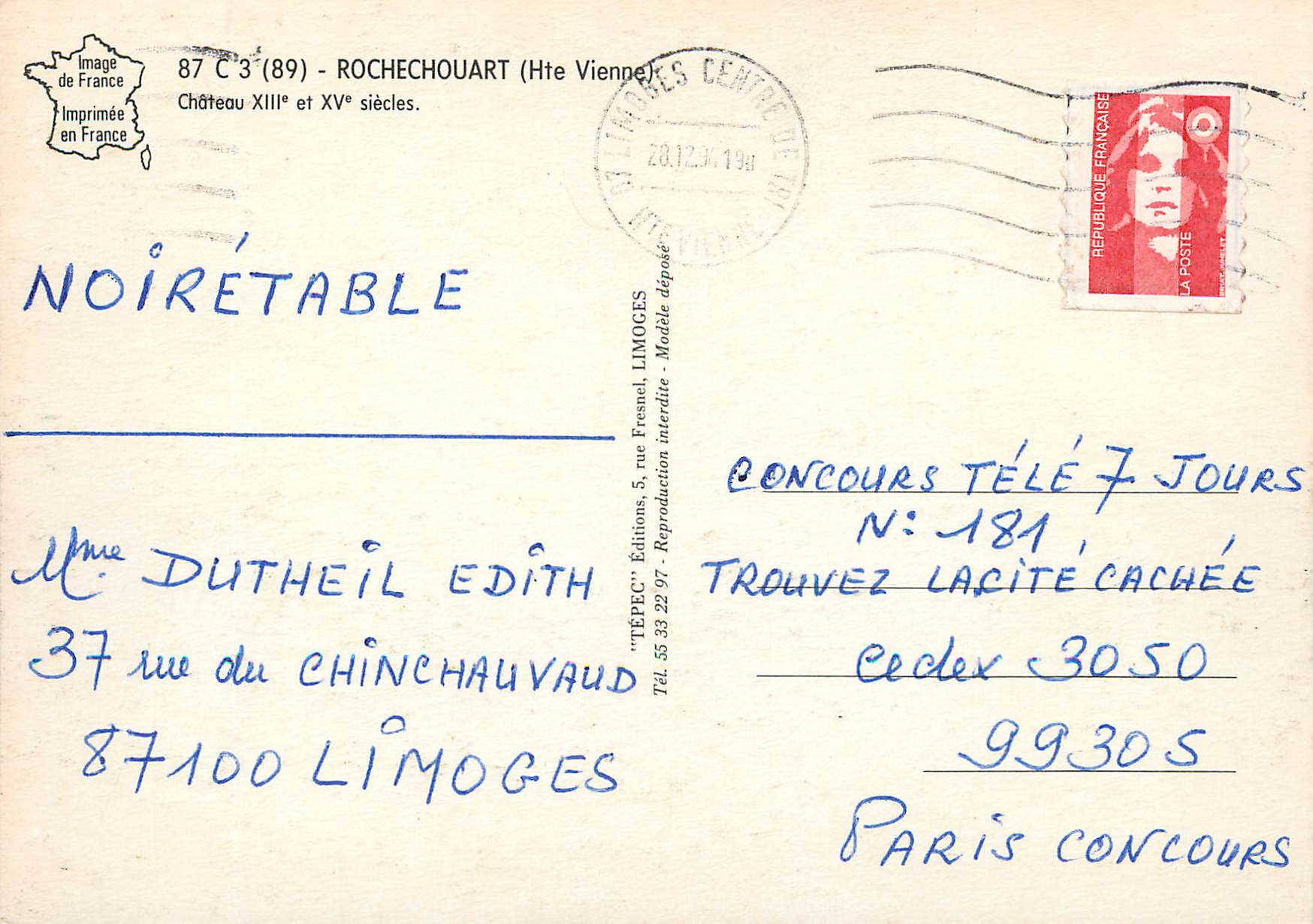CPM Rochechouart Hte Vienne Chateau xiii et xv siecles — Rückseite