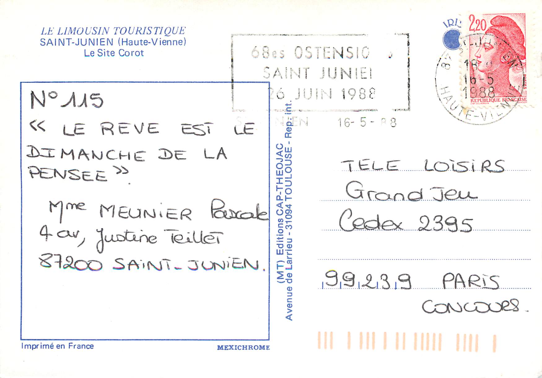 CPM Le Limousin Touristique Saint Junien Haute Vienne Le Site Corot — Back