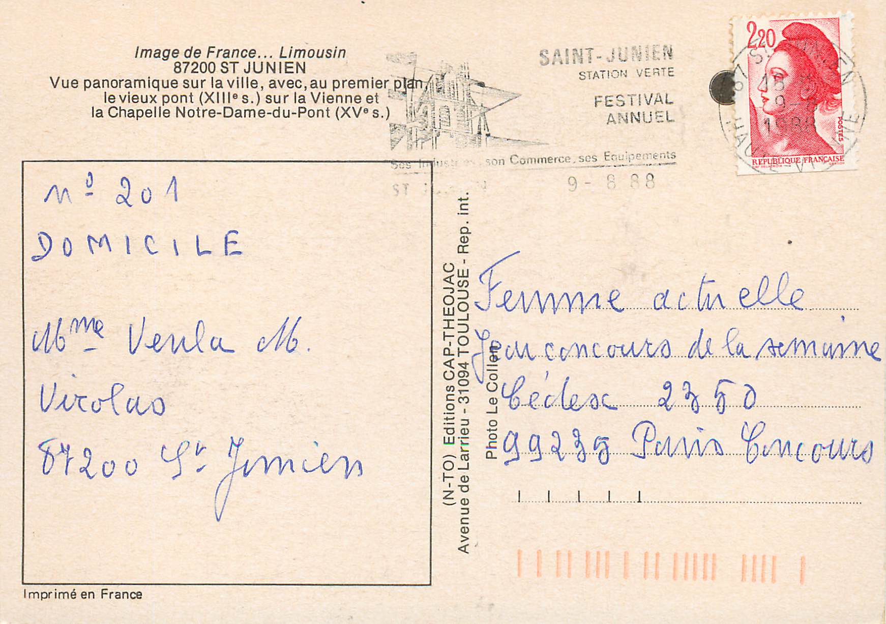 CPM Images de France Limousin St Junien Vue panoramique sur la ville avec au premier plan le vieux pont xii sur la Vienn — Back