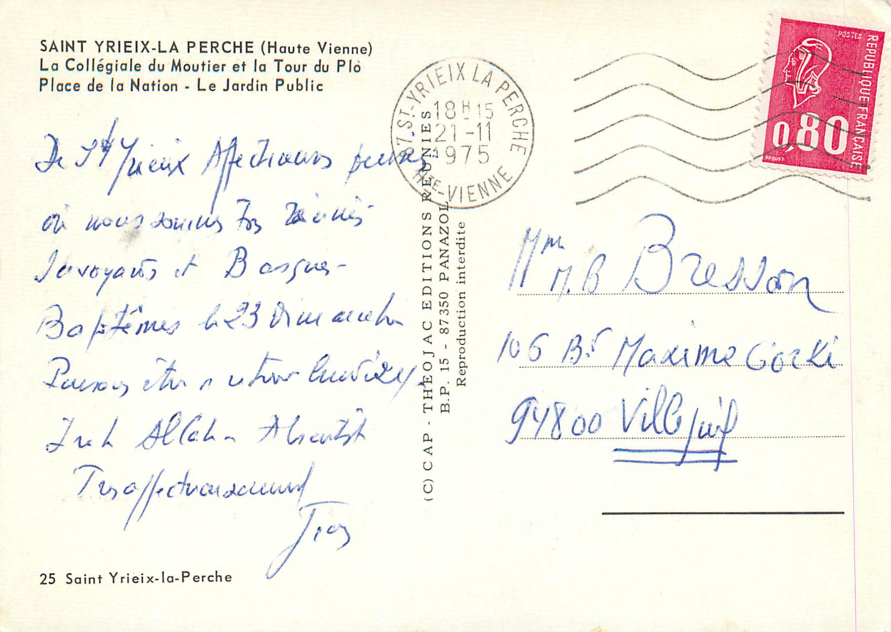 CPM Saint Yrieix La Perche Haute Vienne La Collegiate dy Moutier et la Tour — Back