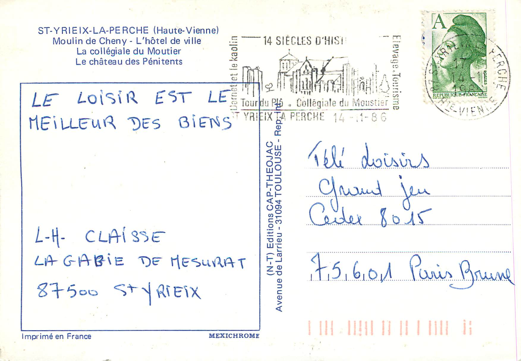 CPM St Yrieix La Perche Haute Vienne Moulin de Cheny L hotel de ville La collegiate du Moutier Le chateau des Penitents — Back