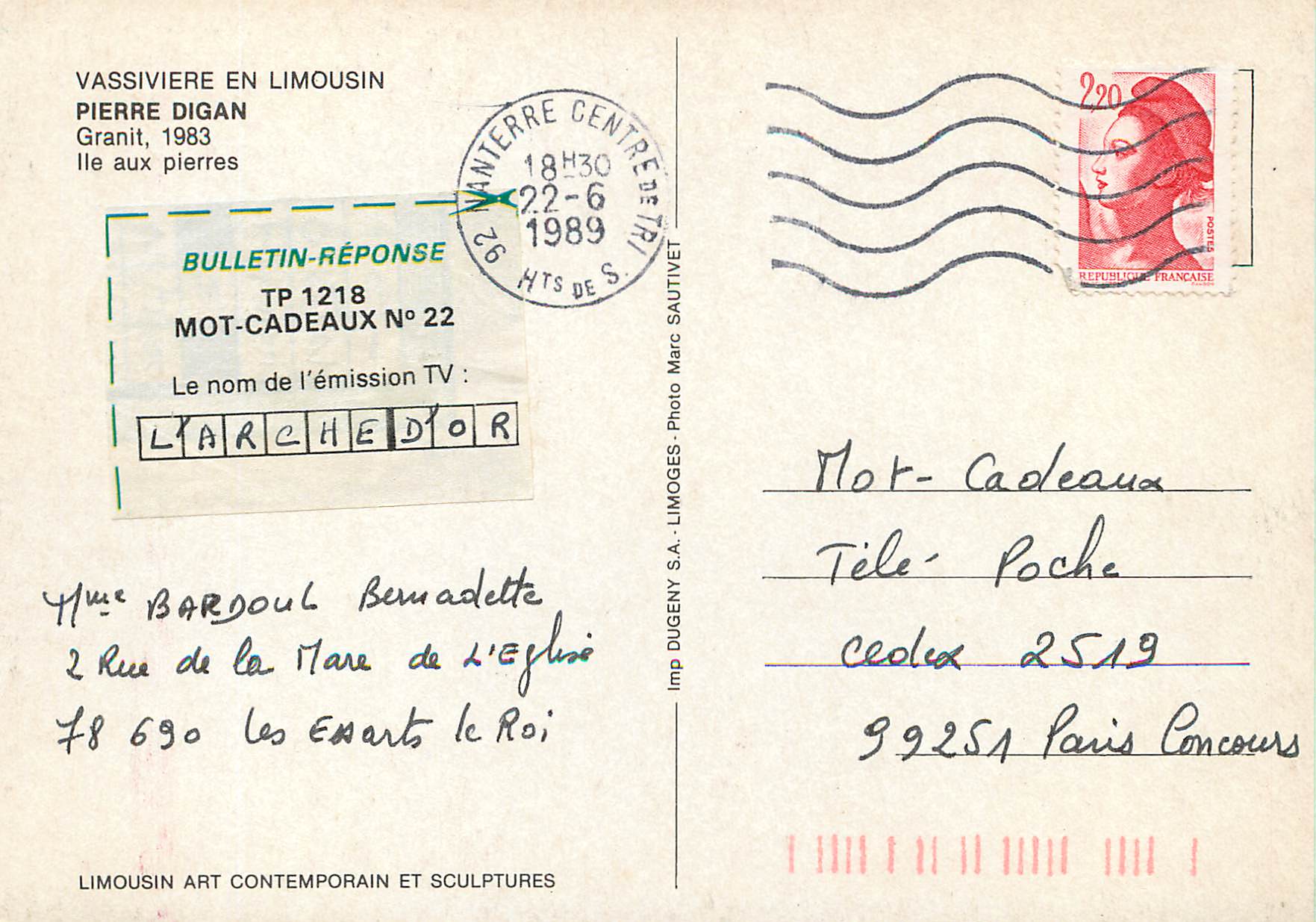 CPM Vassiviere en Limousin  Pierre Digan Granit Ile aux pierres — Back
