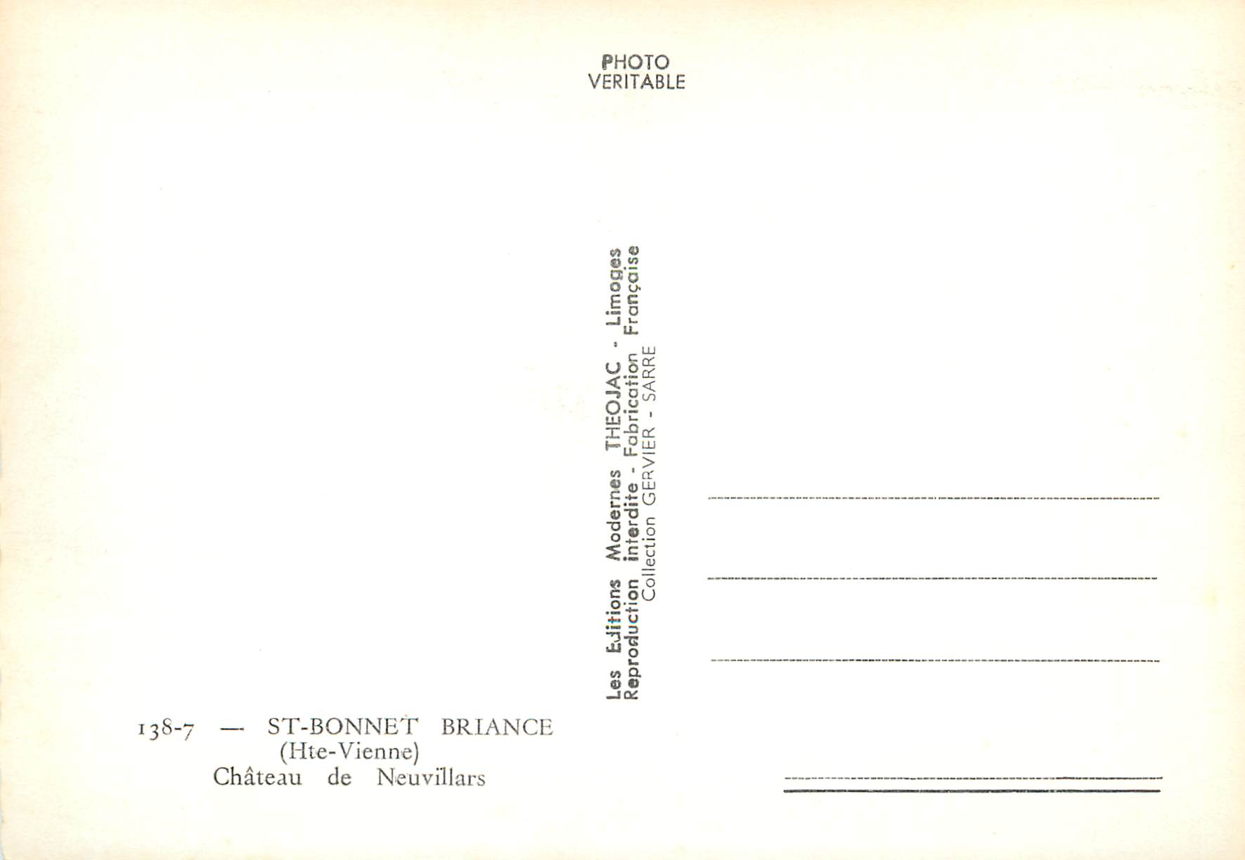 CPM St Bonnet Briance Hte Vienne Chateau de Neuvillars — Rückseite