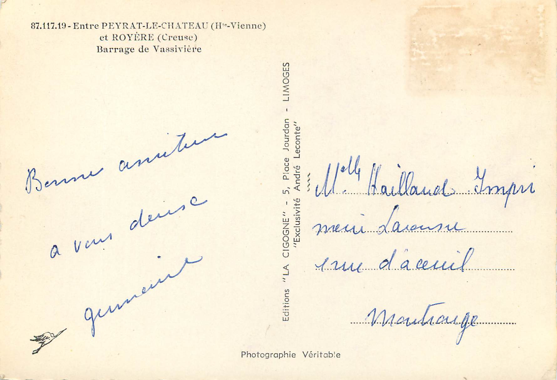 CPM Entre Peyrat le Chateau H Vienne et Royere Creuse Barrage de Vasssiviere — Rückseite