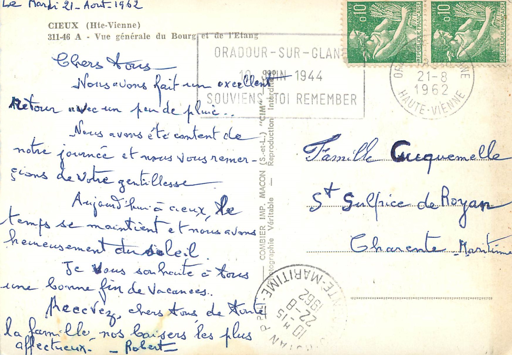 CPM Cieux Hte Vienne Vue generale du Bourg et de l Etang — Rückseite