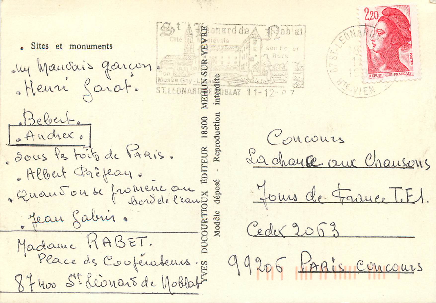 CPM Saint Leonard de Noblat Haute Vienne Sites en monuments — Rückseite