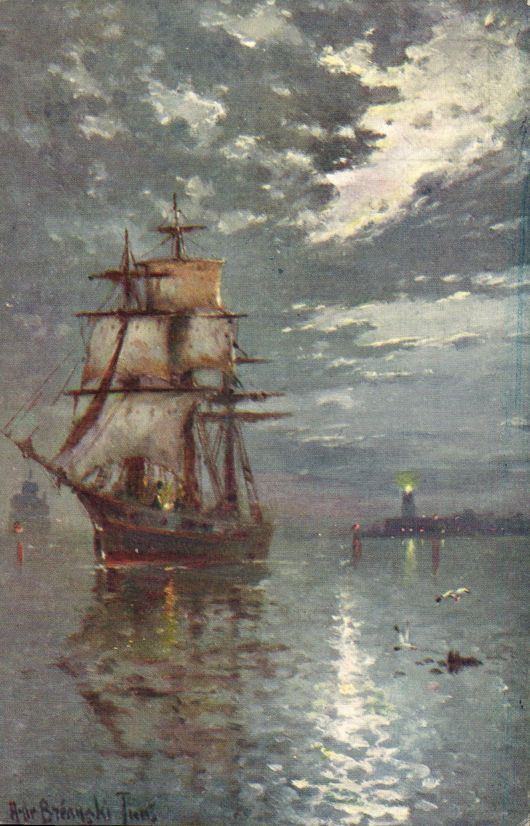 Navire à voile — nuit avec phare — par A. Brézinski-Tiens — éditeur C.W. Faulkner & Co. Ltd.