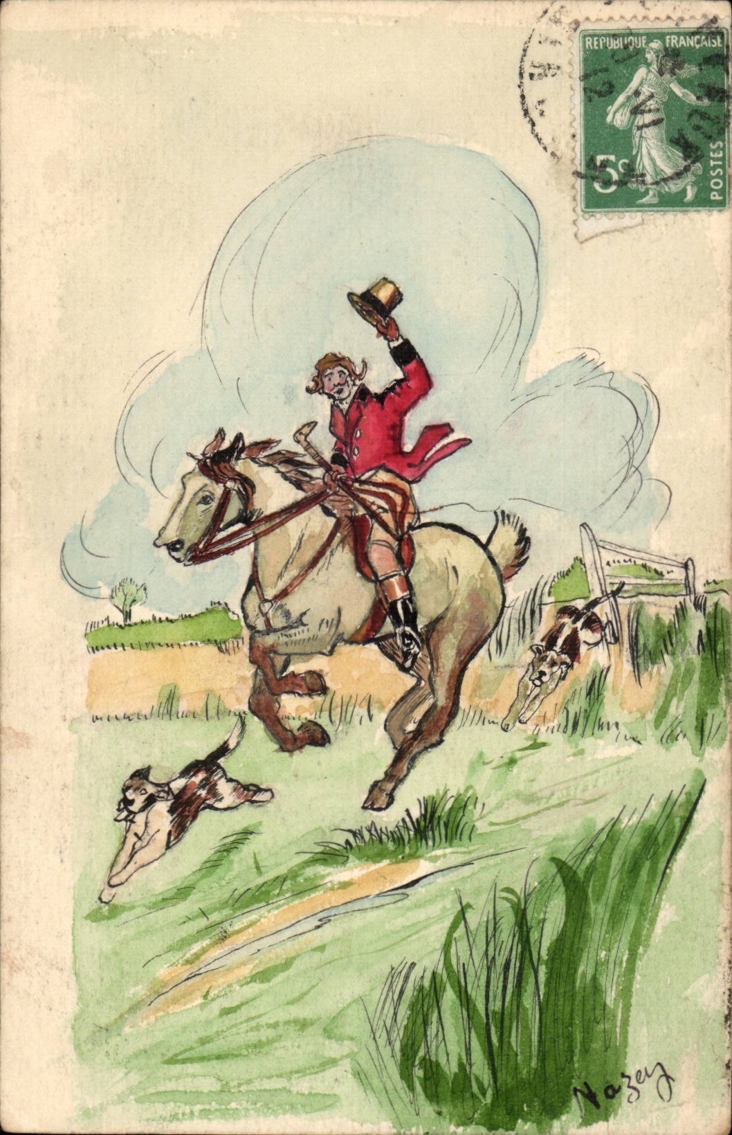 Chasse à cheval — cavalier en costume rouge — éditeur Nazey