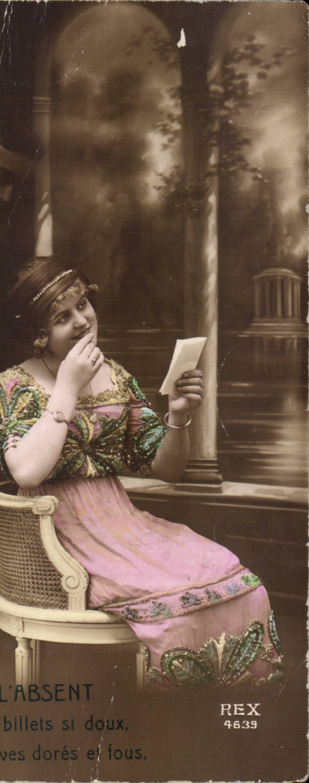 Femme lisant une lettre — scène de jardin — REX 4639