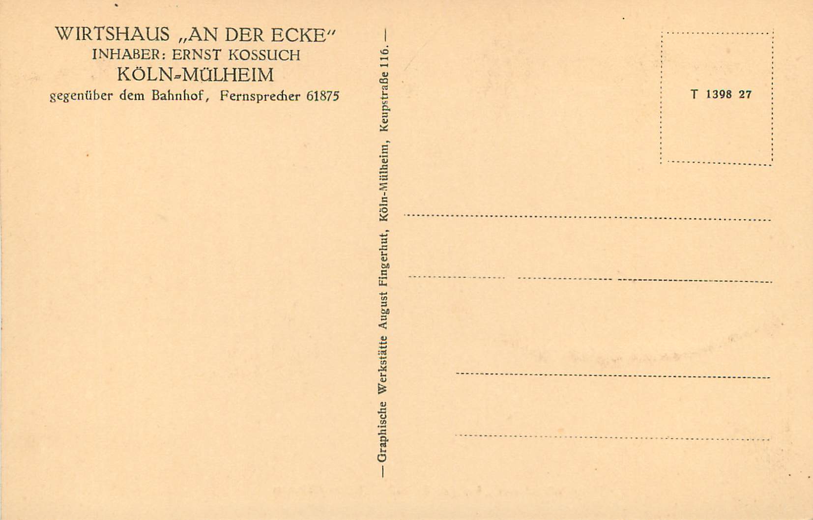 CPA Wirsthaus An der Ecke Koln Mulheim — Rückseite