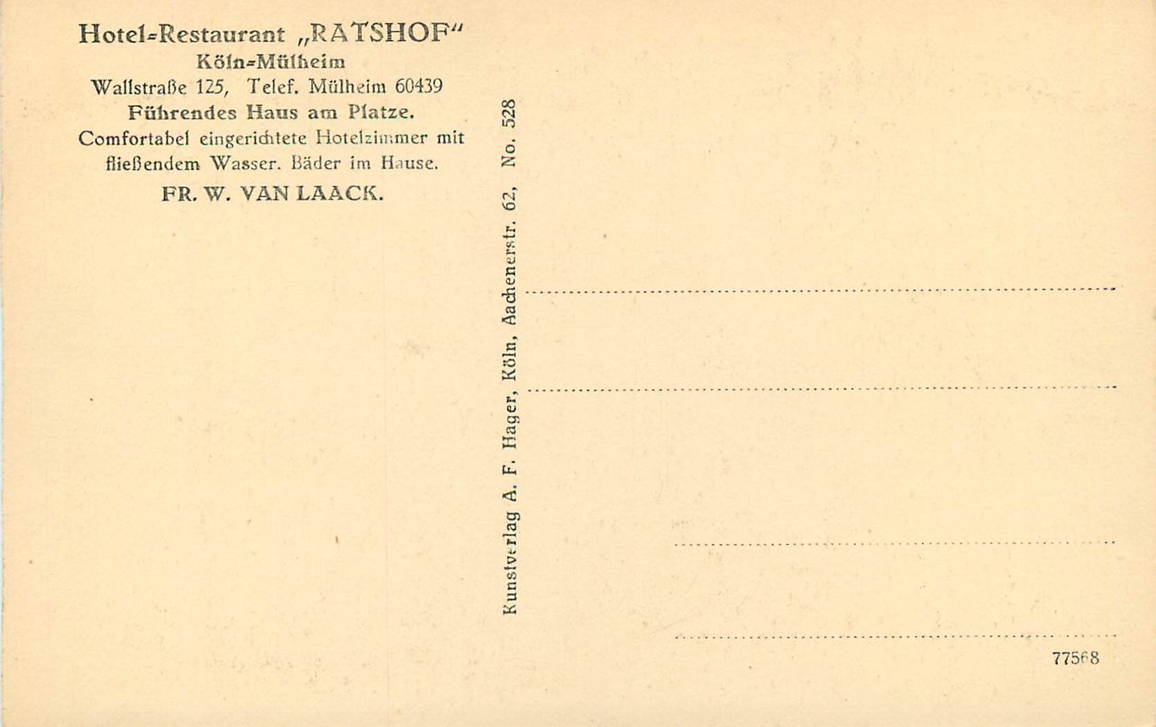 CPA Hotel Restaurant Ratshof Koln Mulheim — Rückseite