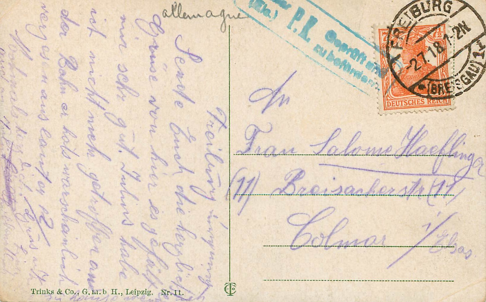 CPA Freiburg l Br An der Schwabentorbrucke Tramway — Rückseite