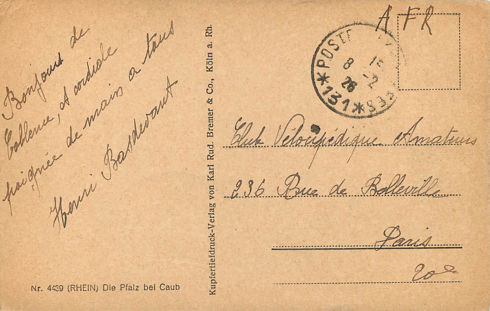 CPA Rhein Die Pfalz bei Caub — Rückseite