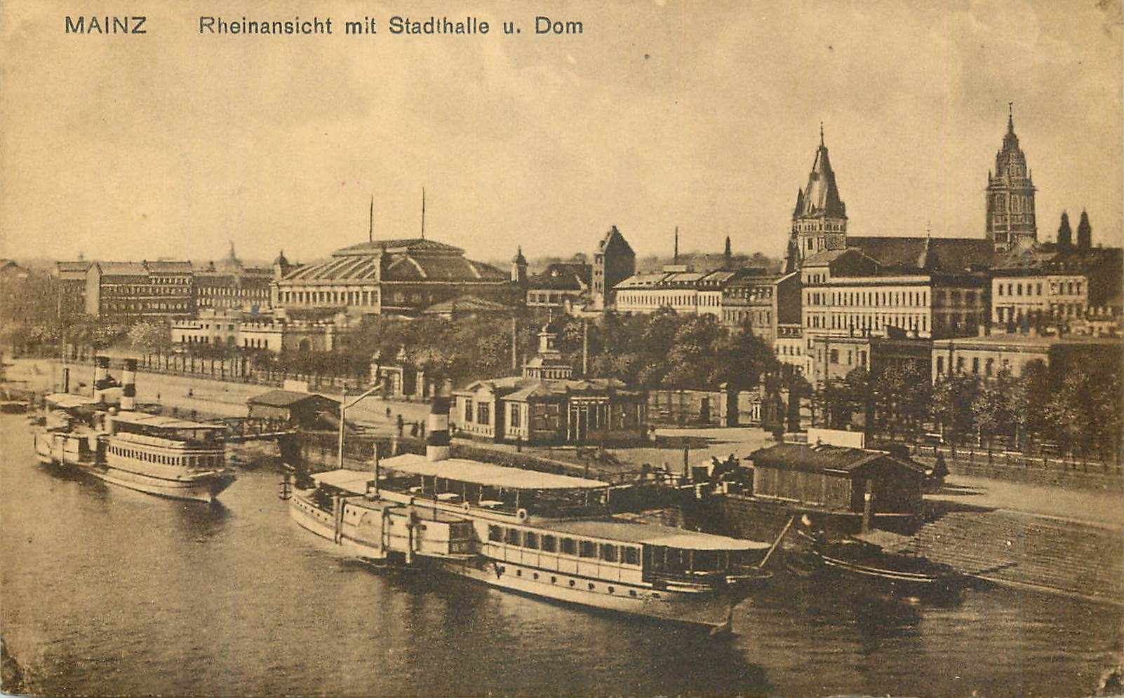 CPA Mainz Rheinansicht mit Stadthalle u Dom Bateaux