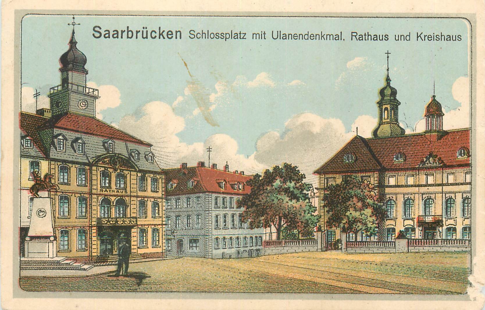 CPA Saarbrucken Schlossplatz mit Ulanendenkmal Rathaus und Kreishaus