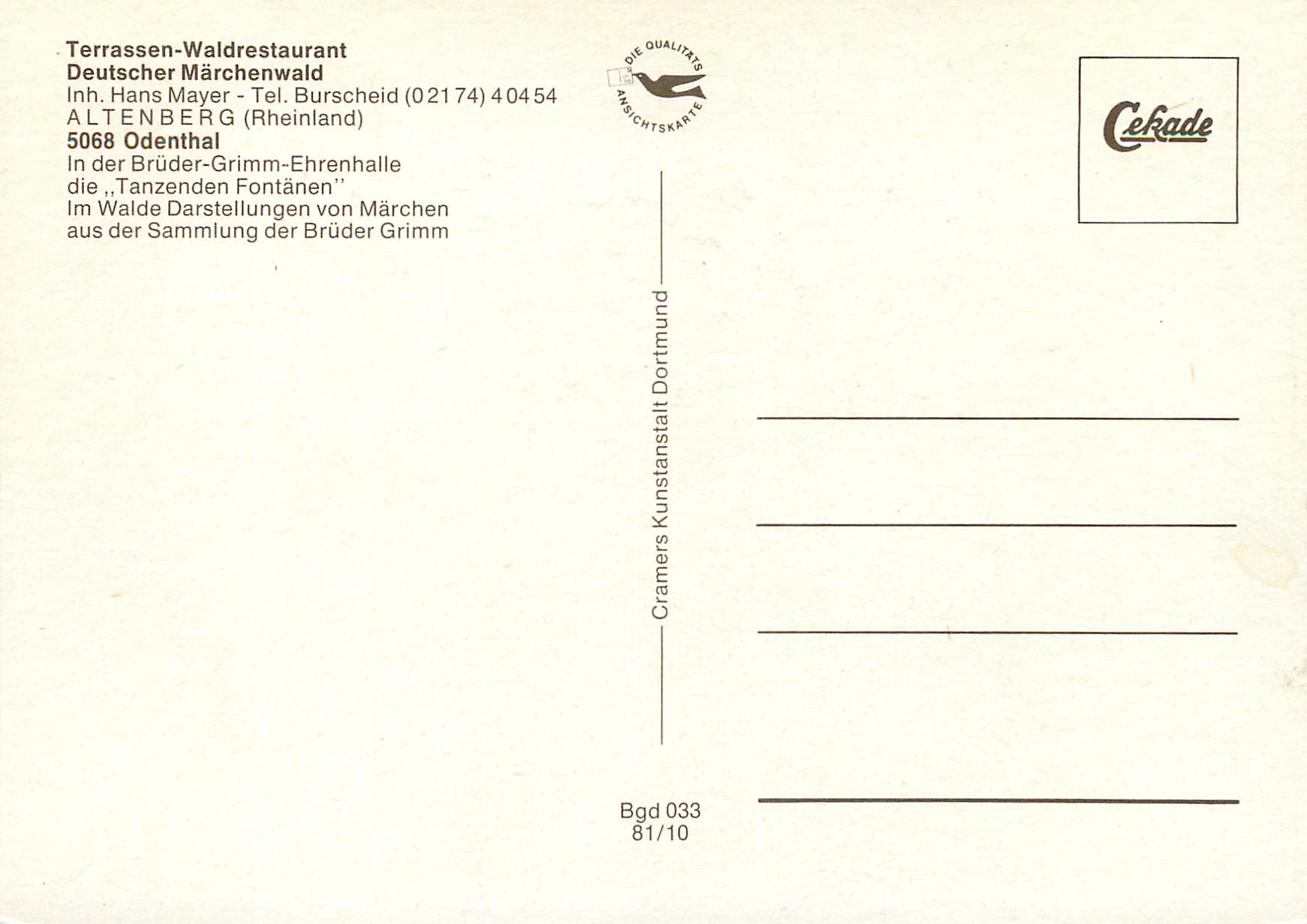 CPM Terrasen Waldrestaurant Deutscher Marchenwald Inh Hans Mayer Altenberg Rheinland — Rückseite