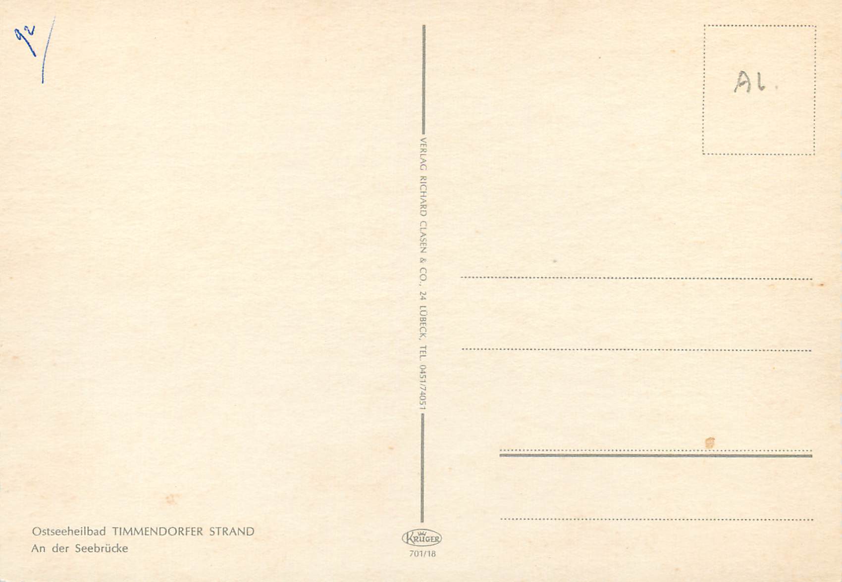 Timmendorfer Strand — plage et ponton — Verlag Richard Casen & Co. n°701/18 — Rückseite