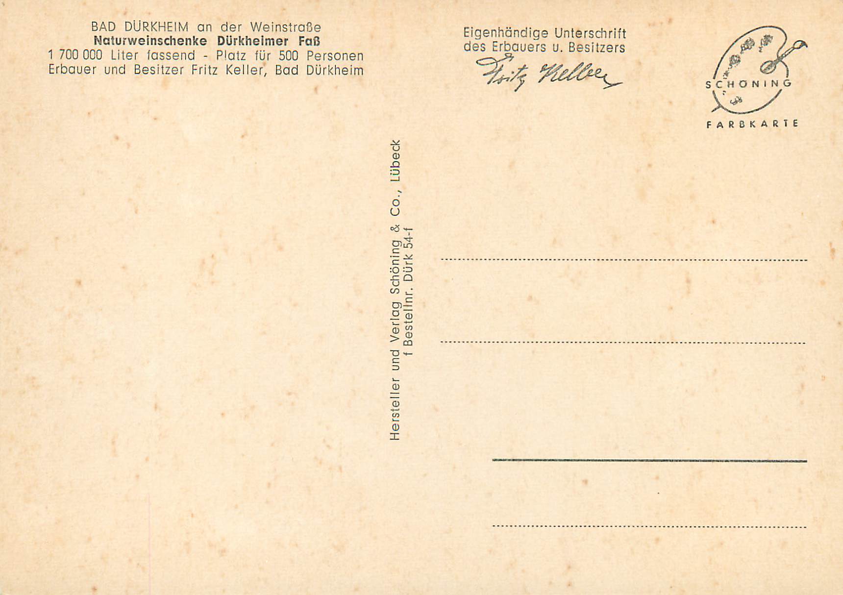 Bad Dürkheim an der Weinstraße — Naturweinschenke Dürkheimer Faß — Schöning & Co., Lübeck — Verso