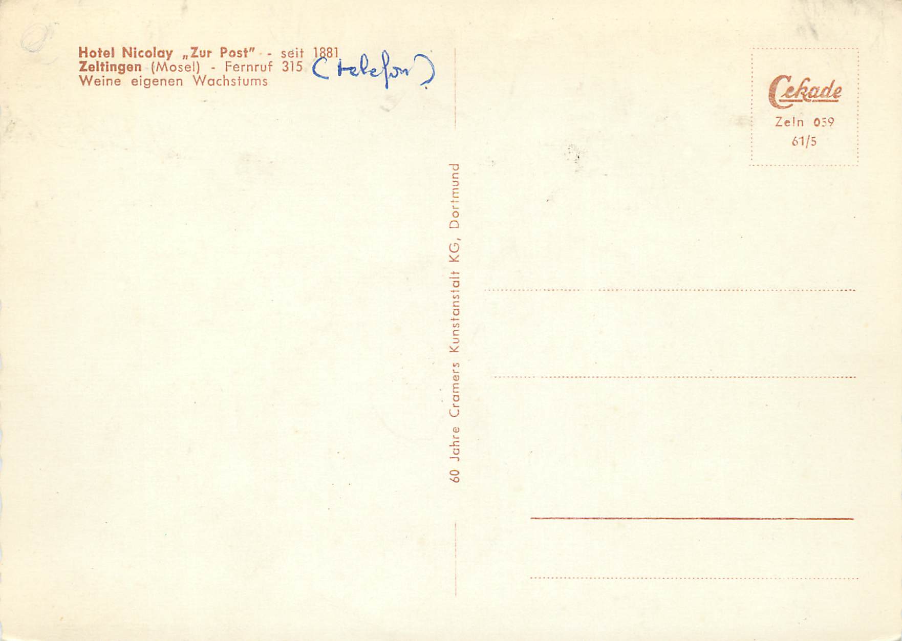 Hôtel Nicolay zur Post — Zeltingen (Moselle) — éditeur Cekade — Achterkant
