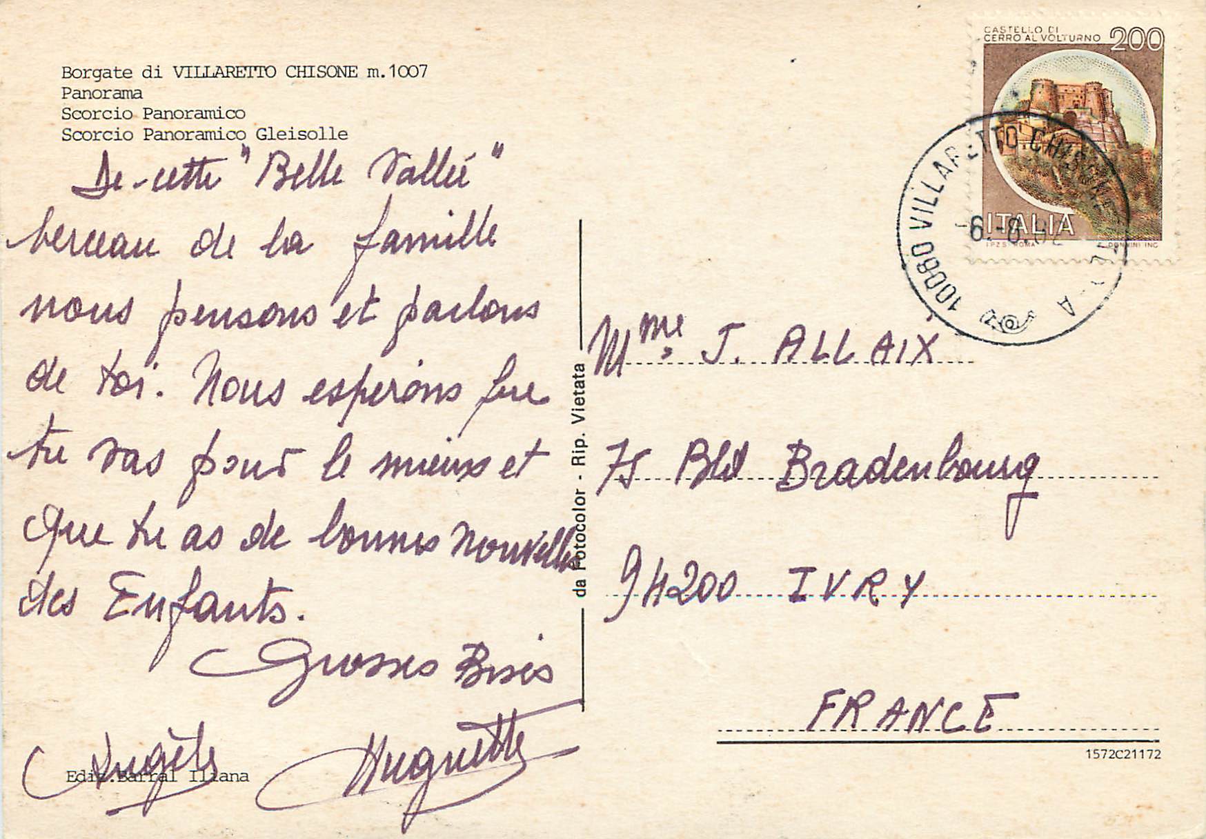 CPM Saluti da Villaretto Chisone Panorama — Rückseite
