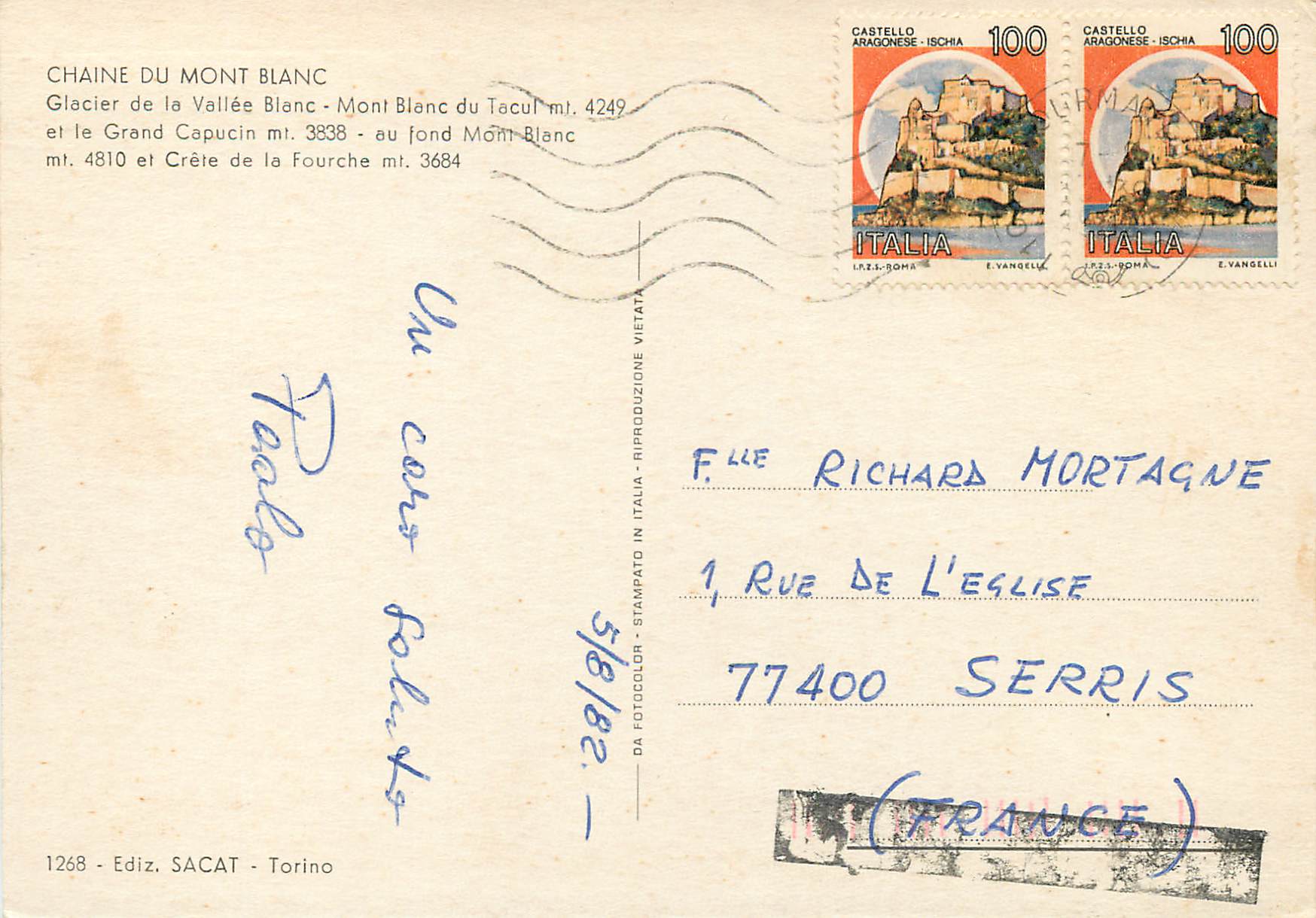 Chaîne du Mont Blanc — Glacier de la Vallée Blanc, Mont Blanc du Tacul et Crête de la Fourche — Ediz. SACAT, Torino, n°1268 — Rückseite