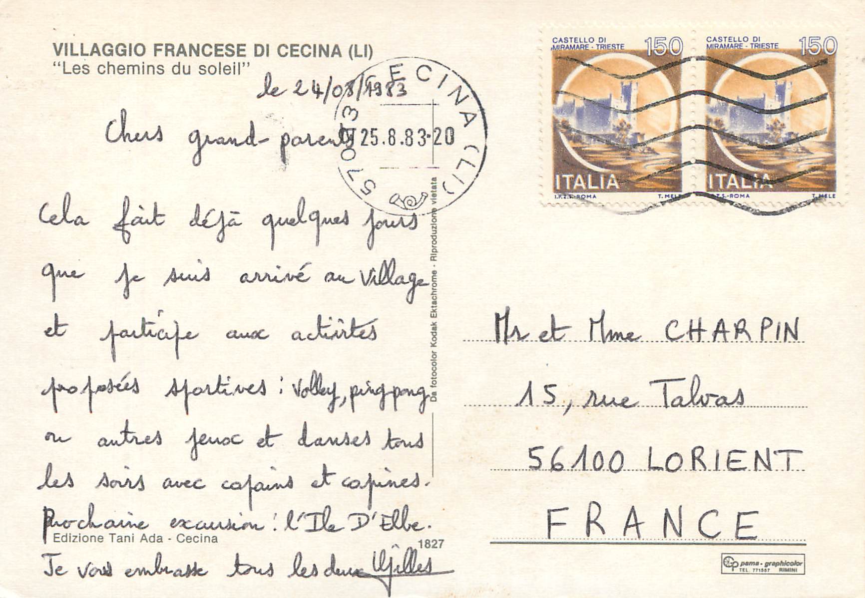 CPM Villaggio Francese di Cecina Les chemins du soleil — Rückseite