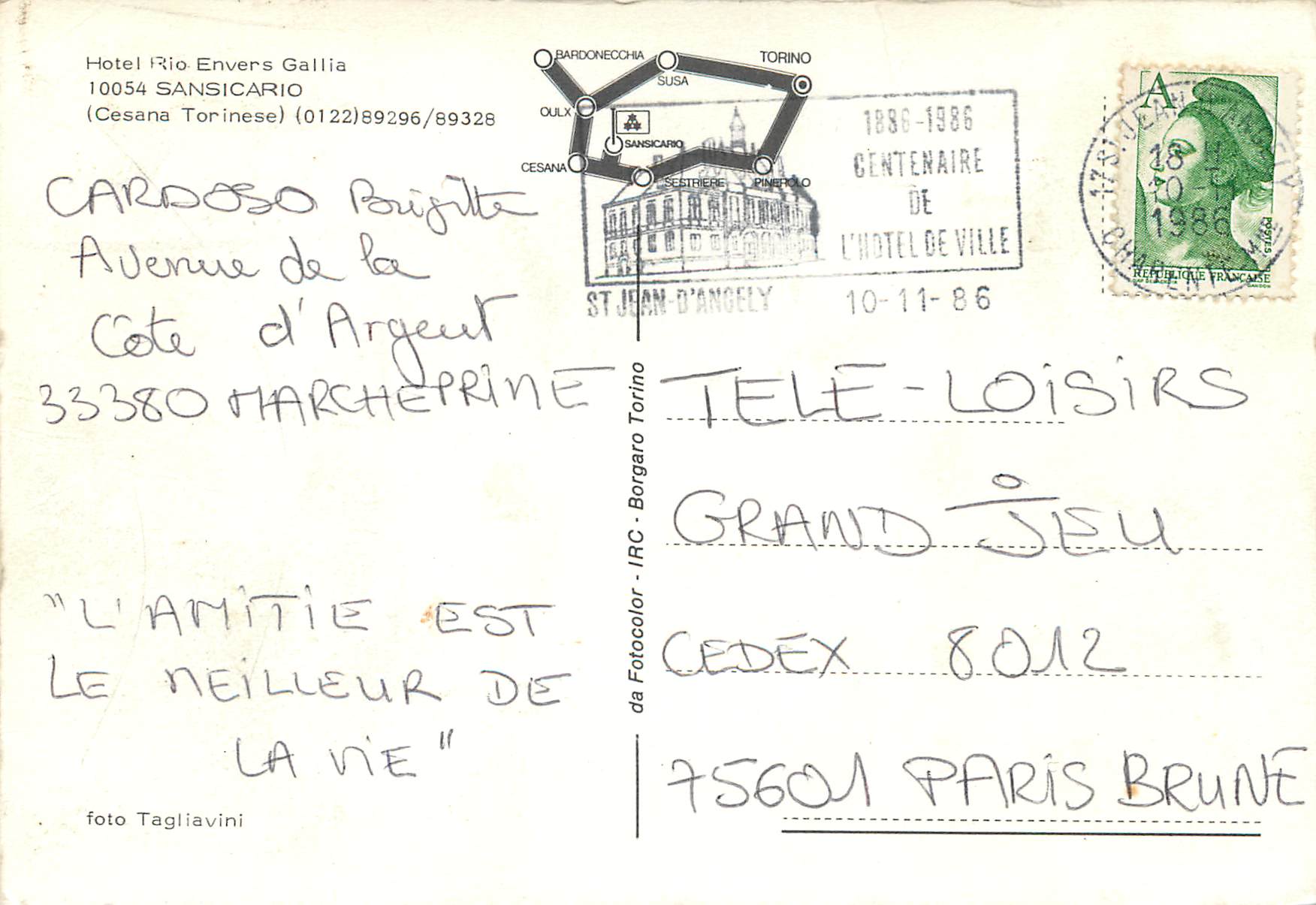 CPM Hotel Rio Envers Gallia Sansicario Cesana Torinese — Back
