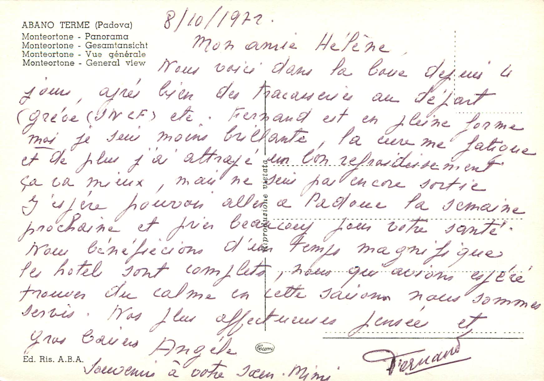 Abano Terme - Monteortone - Allgemeiner Panorama — Ed. Ris. A.B.A. n° 103 — Rückseite