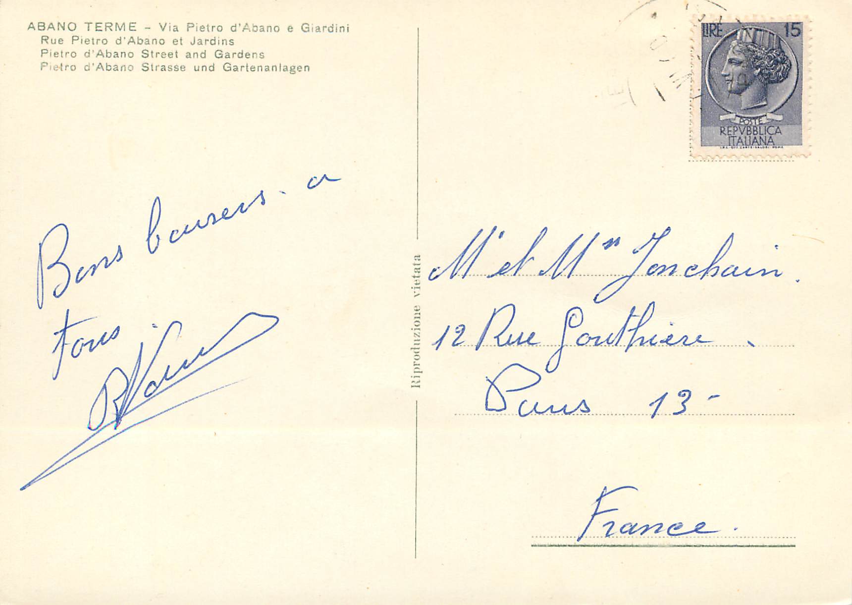 Abano Terme — Via Pietro d'Abano and Gardens — Publisher not visible — Back