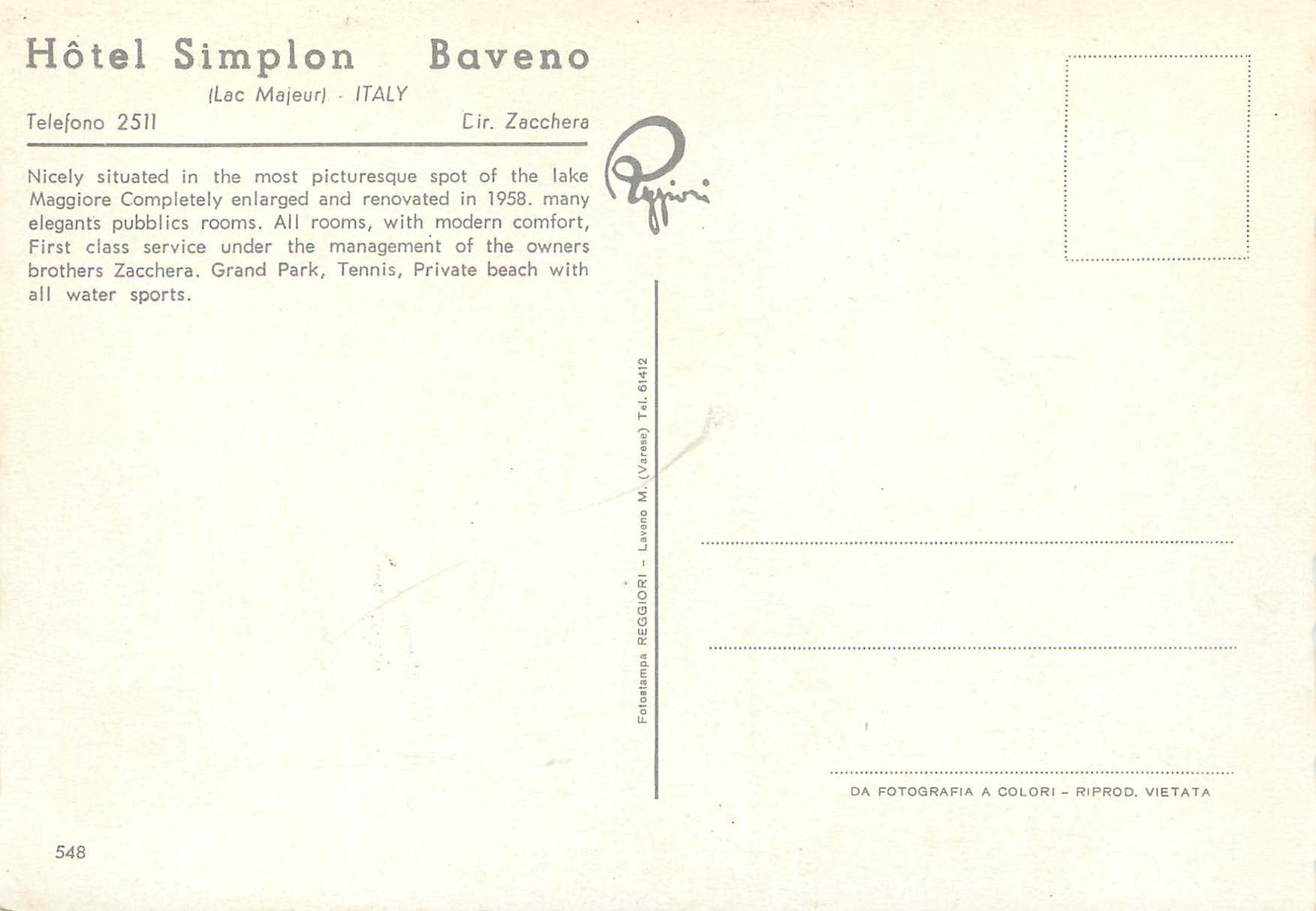 CPM Hotel Simplon Baveno La Majeur Italy — Rückseite