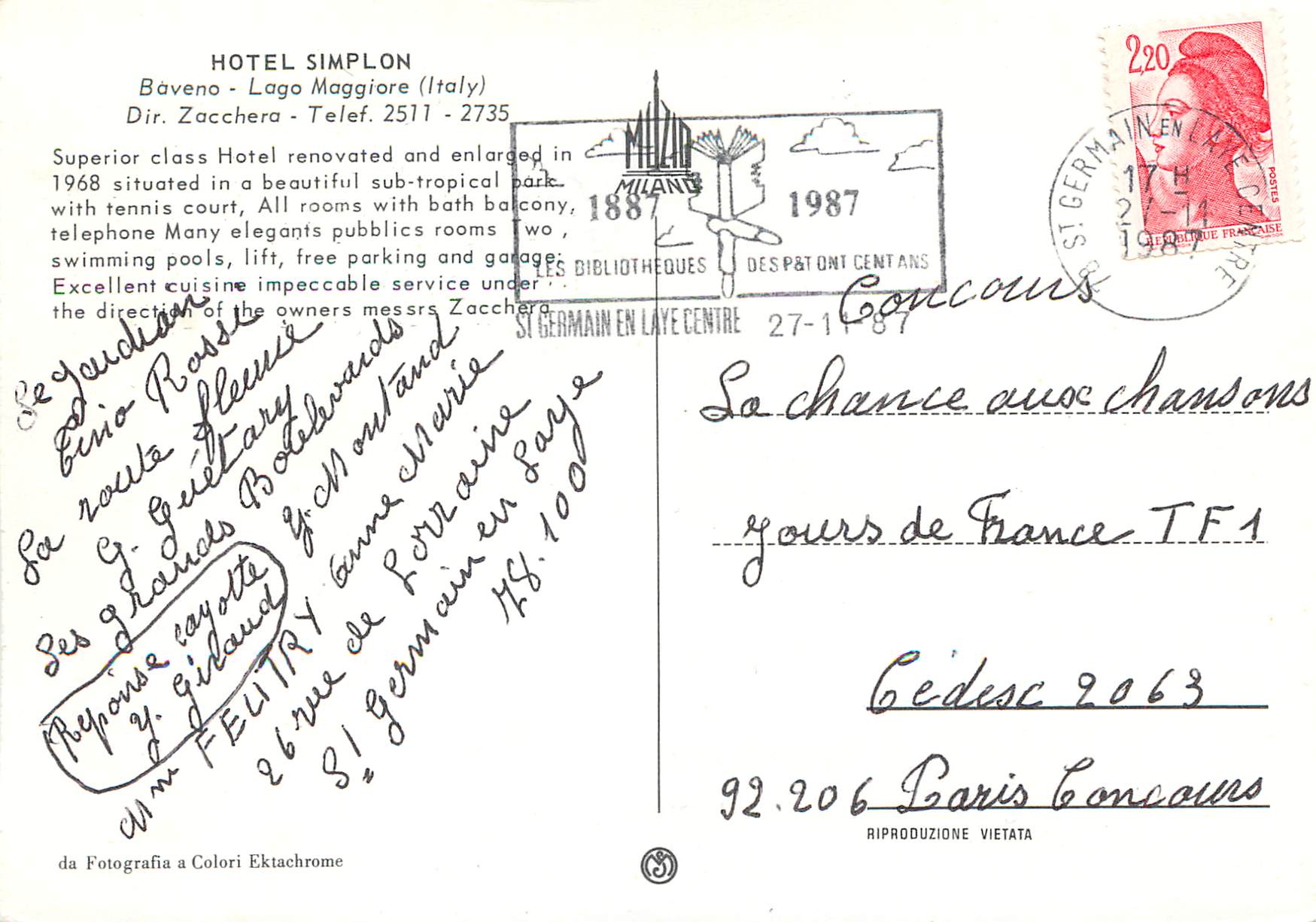 CPM Hotel Simplon Baveno Lago Maggiore Italy Dir Zacchera — Back